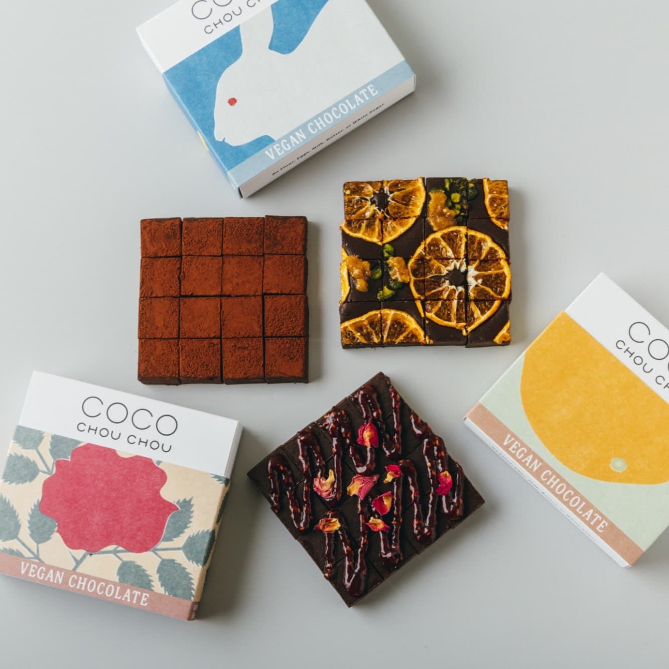 ヴィーガン生チョコレート プレーン・マンダリンオレンジ・ローズ＆ラズベリー